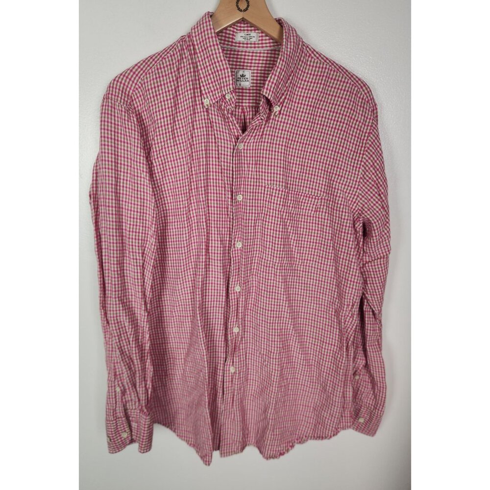 Peter Millar Men's Sz. L Pink/Green Gingham Linen & Silk Blend Button Up Top